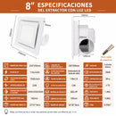 Extractor de aire para Baño con LED 8” Cuadrado con 3 Tonos de Luz y Ventilador Integrado 170m³/h. Panel Extractor para Techo. Color Blanco