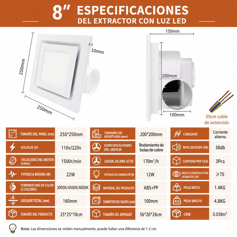 Extractor de aire para Baño con LED 8” Cuadrado con 3 Tonos de Luz y Ventilador Integrado 170m³/h. Panel Extractor para Techo. Color Blanco