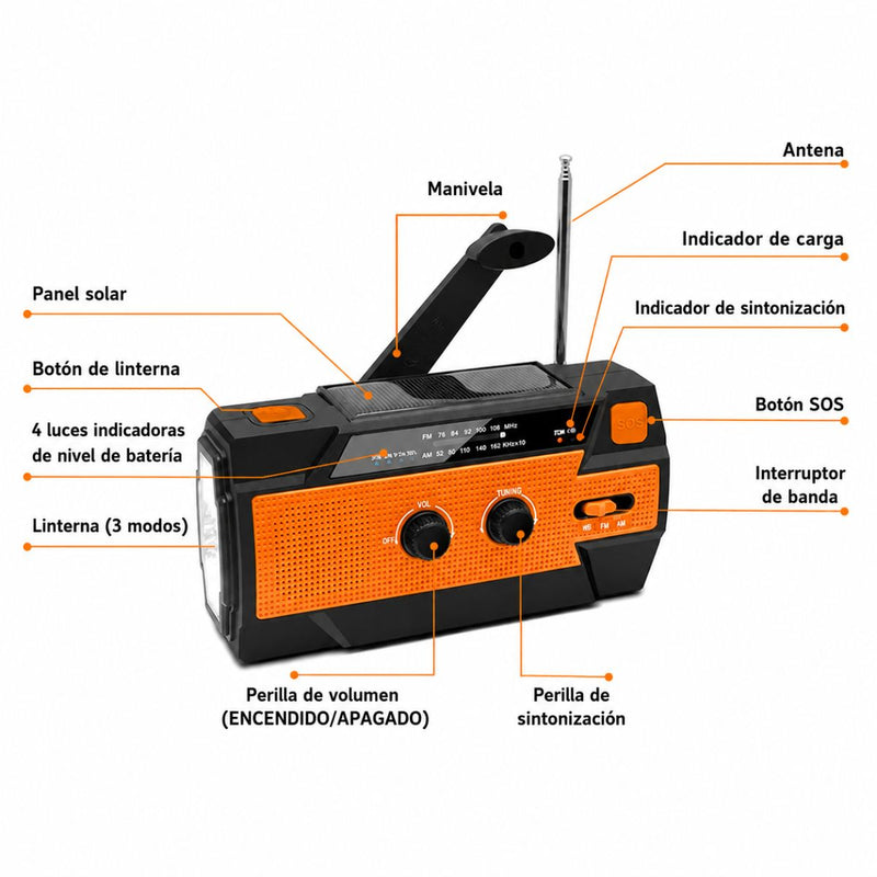 Radio Solar Recargable de Emergencia AM FM WB con Linterna LED SOS Power Bank 4000mAh y Manivela para Camping Apagones. Color Naranja