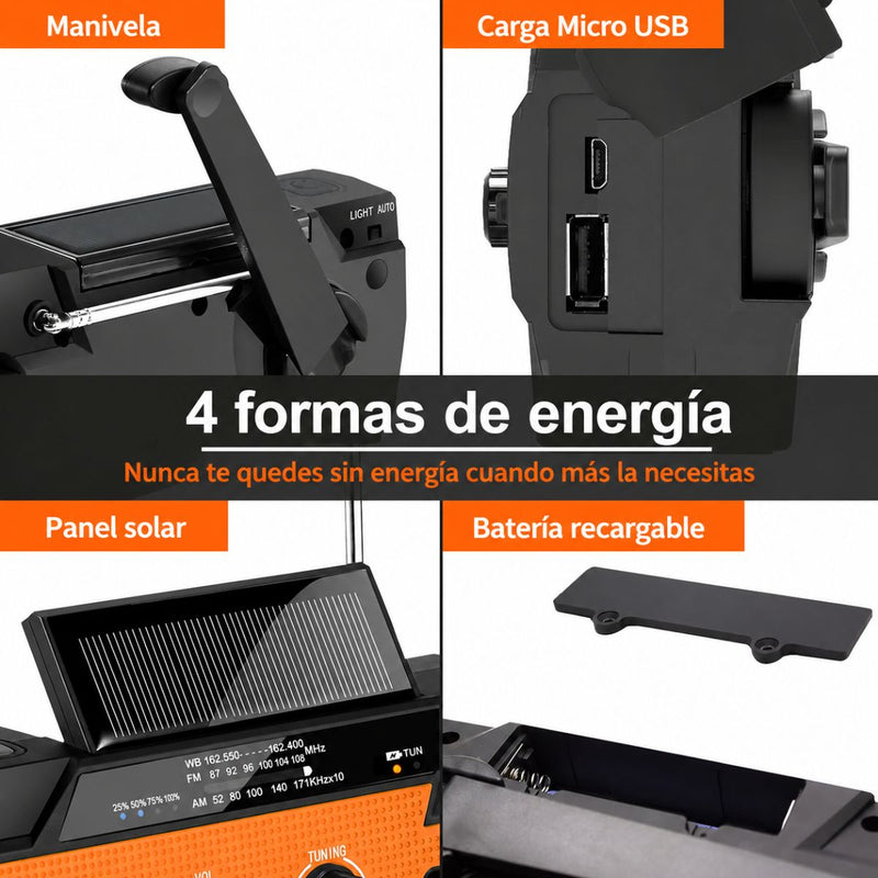 Radio Solar Recargable de Emergencia AM FM WB con Linterna LED SOS Power Bank 4000mAh y Manivela para Camping Apagones. Color Naranja