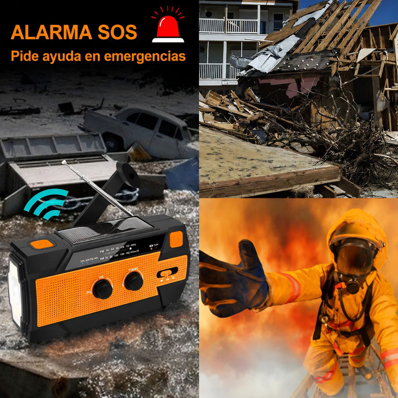 Radio Solar Recargable de Emergencia AM FM WB con Linterna LED SOS Power Bank 4000mAh y Manivela para Camping Apagones. Color Naranja
