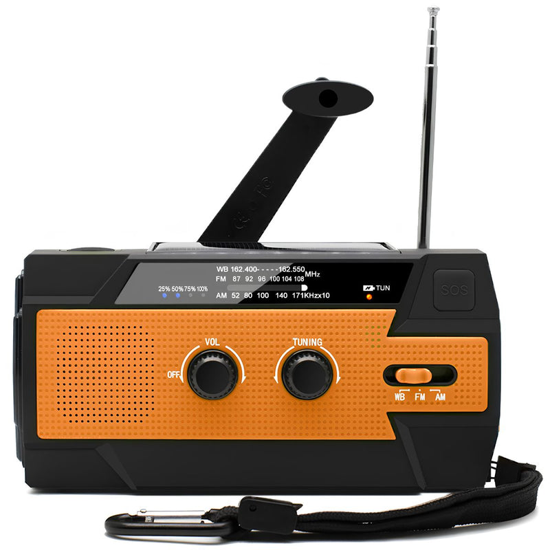 Radio Solar Recargable de Emergencia AM FM WB con Linterna LED SOS Power Bank 4000mAh y Manivela para Camping Apagones. Color Naranja