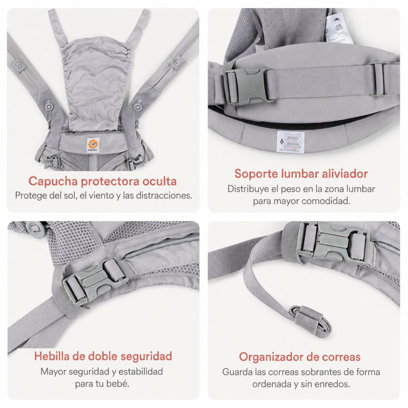 Canguro Porta Bebé Ergonómico Ajustable 4 Posiciones. Mochila Portabebé con Soporte Lumbar y Capucha Oculta. Color Gris