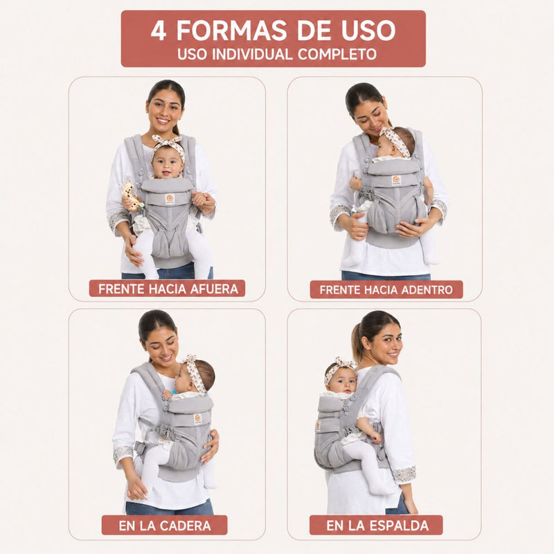 Canguro Porta Bebé Ergonómico Ajustable 4 Posiciones. Mochila Portabebé con Soporte Lumbar y Capucha Oculta. Color Gris