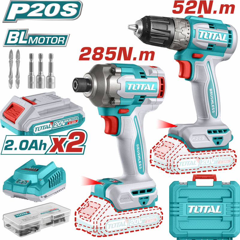 Combo Total Inalámbrico Taladro 20V 52Nm 2000rpm y Llave de Impacto 20V ¼" 285Nm Motor sin escobillas. Incluye Batería y cargador. Pocas Unidades.