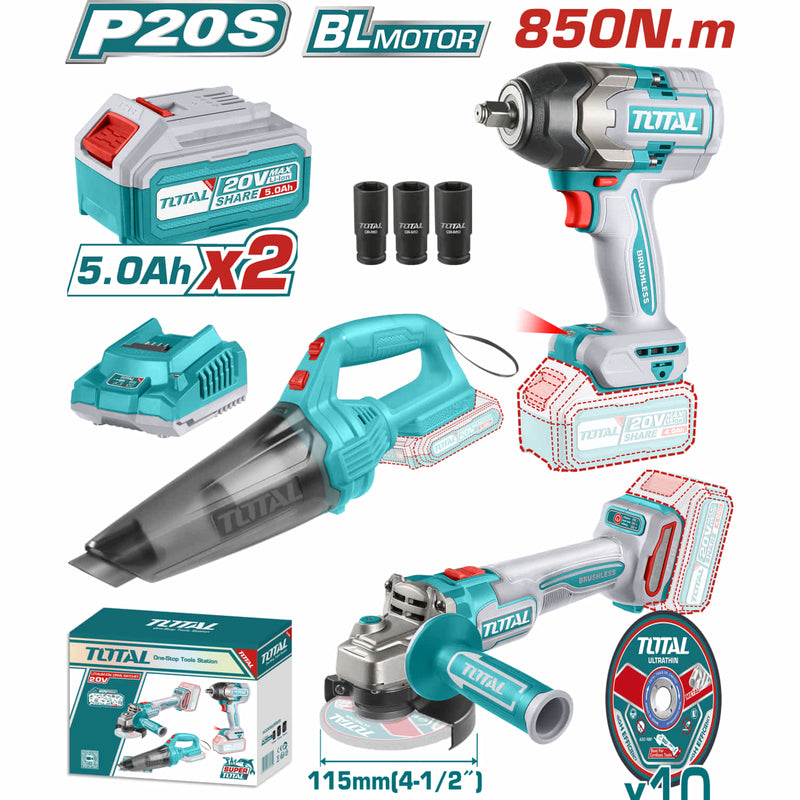 Combo Total 20V Llave de impacto 1/2" 850 Nm. Esmeriladora Angular 9000 rpm. Aspiradora Inalámbrica ≥9 kPa. Incluye 2 Baterías 5.0ah y cargador POCAS UNIDADES