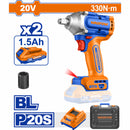 Llave impacto dado cuadrado 1/2" 20V Motor sin escobillas 330NM. Velocidad sin carga 0-2300rpm Incluye 2 baterías 1 cargador y 1 socket.