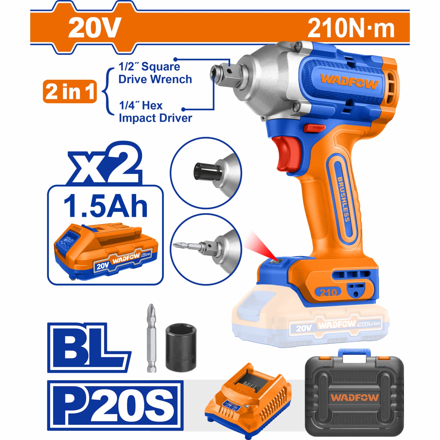 Llave de Impacto 1/2" de dado y puntas Hexagonales 1/4" 2 en 1 20V Motor sin escobillas. 210Nm. Velocidad sin carga 2600rpm Tasa de Impacto 2900bpm. Incluye batería y cargador.