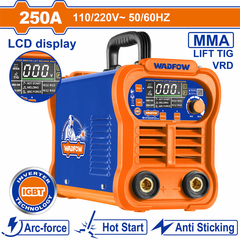 Máquina De Soldar Inverter Heavy Duty Calidad Profesional 60% Ciclo De Trabajo. Soldadora 250A IGBT Pantalla LCD, Lift TIG, VRD Electrodo 2-5mm Anti-stick, Hot start, Arc-force incluye Accesorios