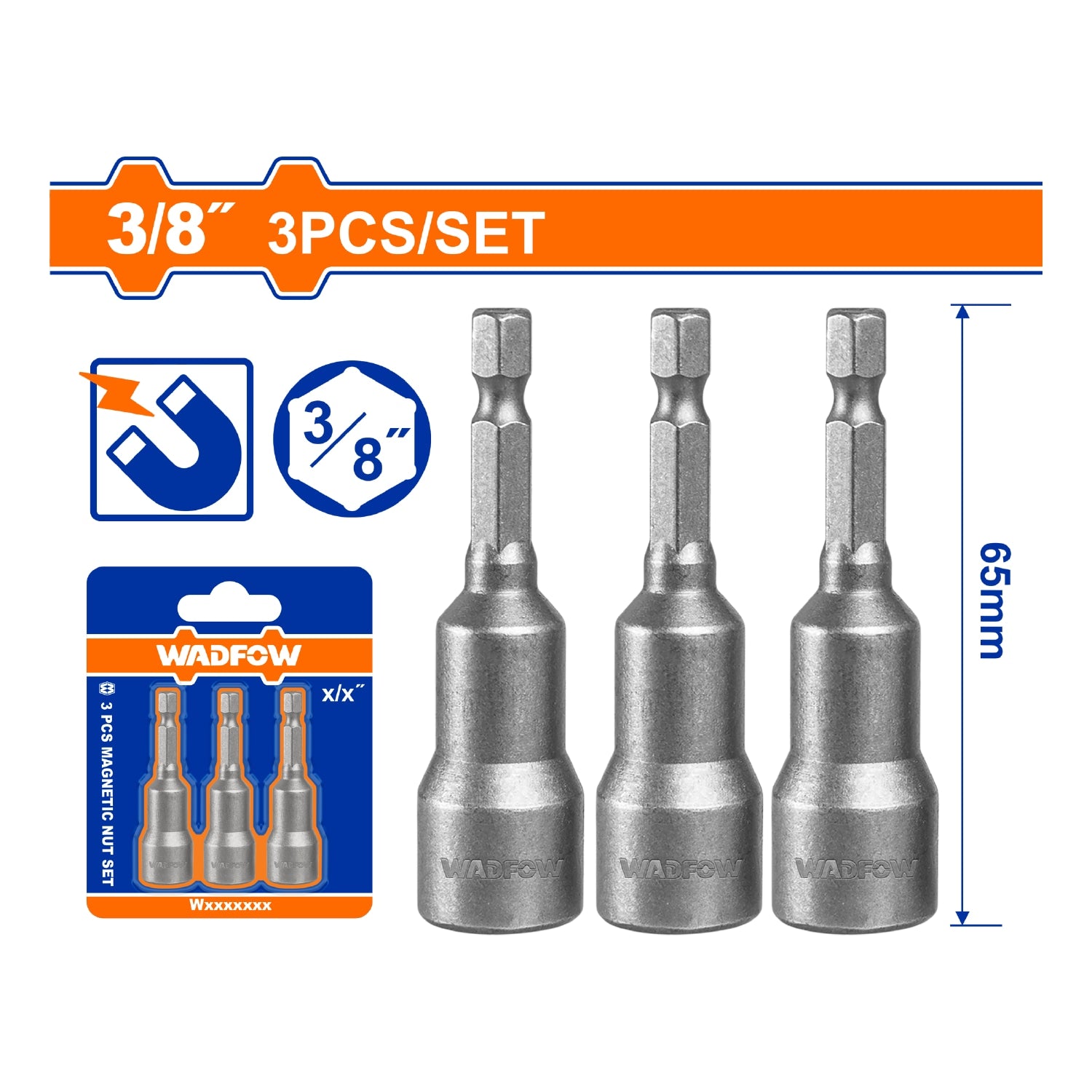 Copas Hexagonales Magnéticas 3/8" Hex Largo: 65mm Material:50BV30 Set de 3 Piezas.