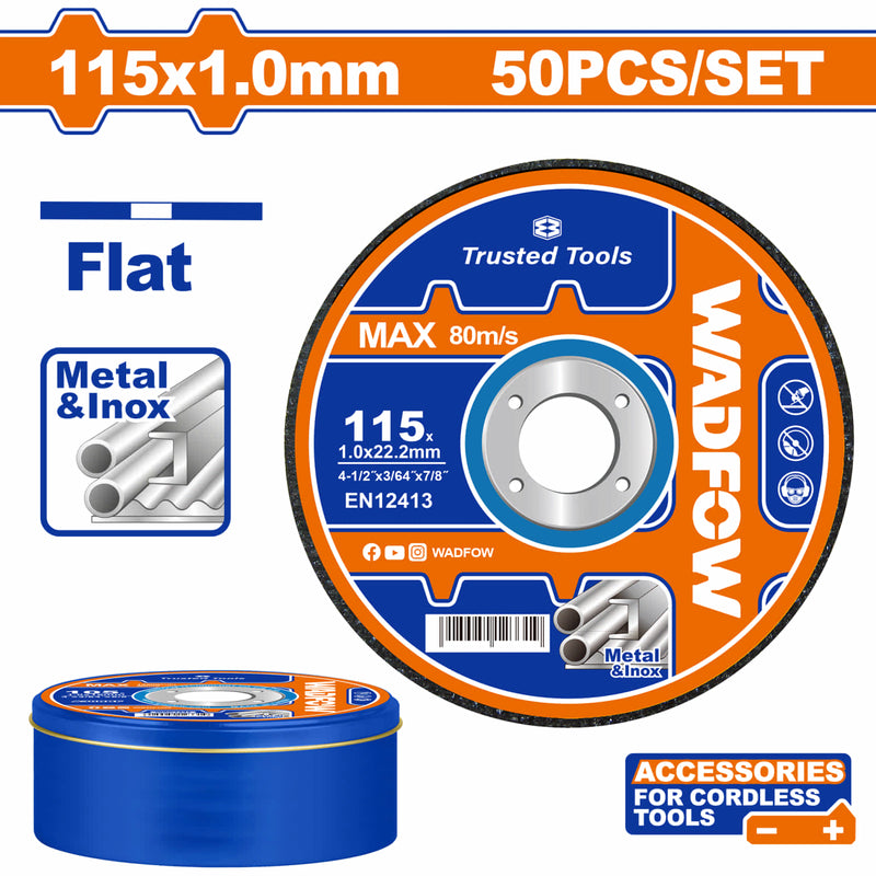 Disco Corte de Metal y Acero Inoxidable 4 1/2" 115x1.0mm. Plano. Velocidad 13,300rpm Ideal para herramientas inalámbricas. Set de 50 piezas.