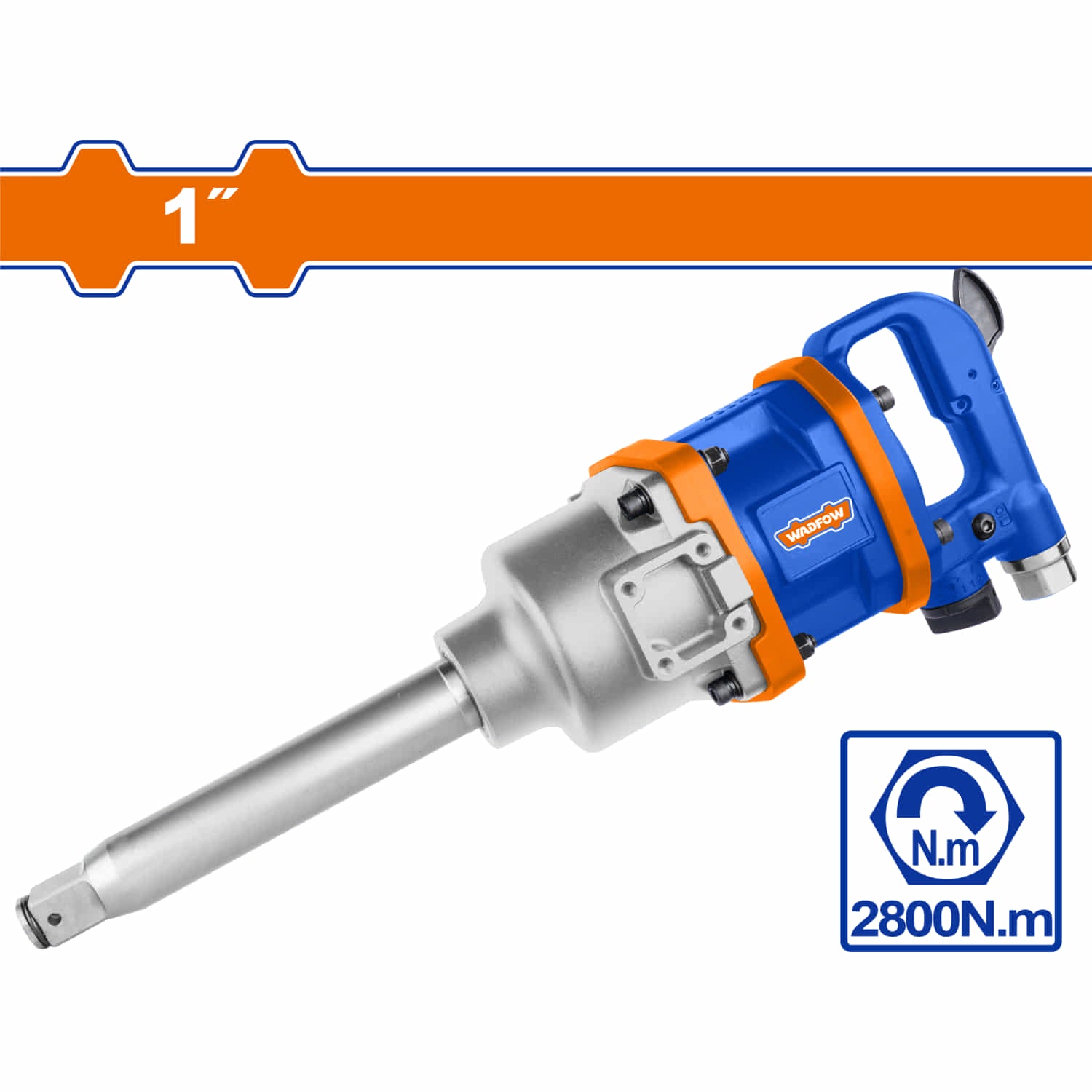 Llave de impacto neumática 1" Velocidad sin carga 4000/min Max.torque:2800 N.m Entrada de aire 1/2" Incluye conector universal.