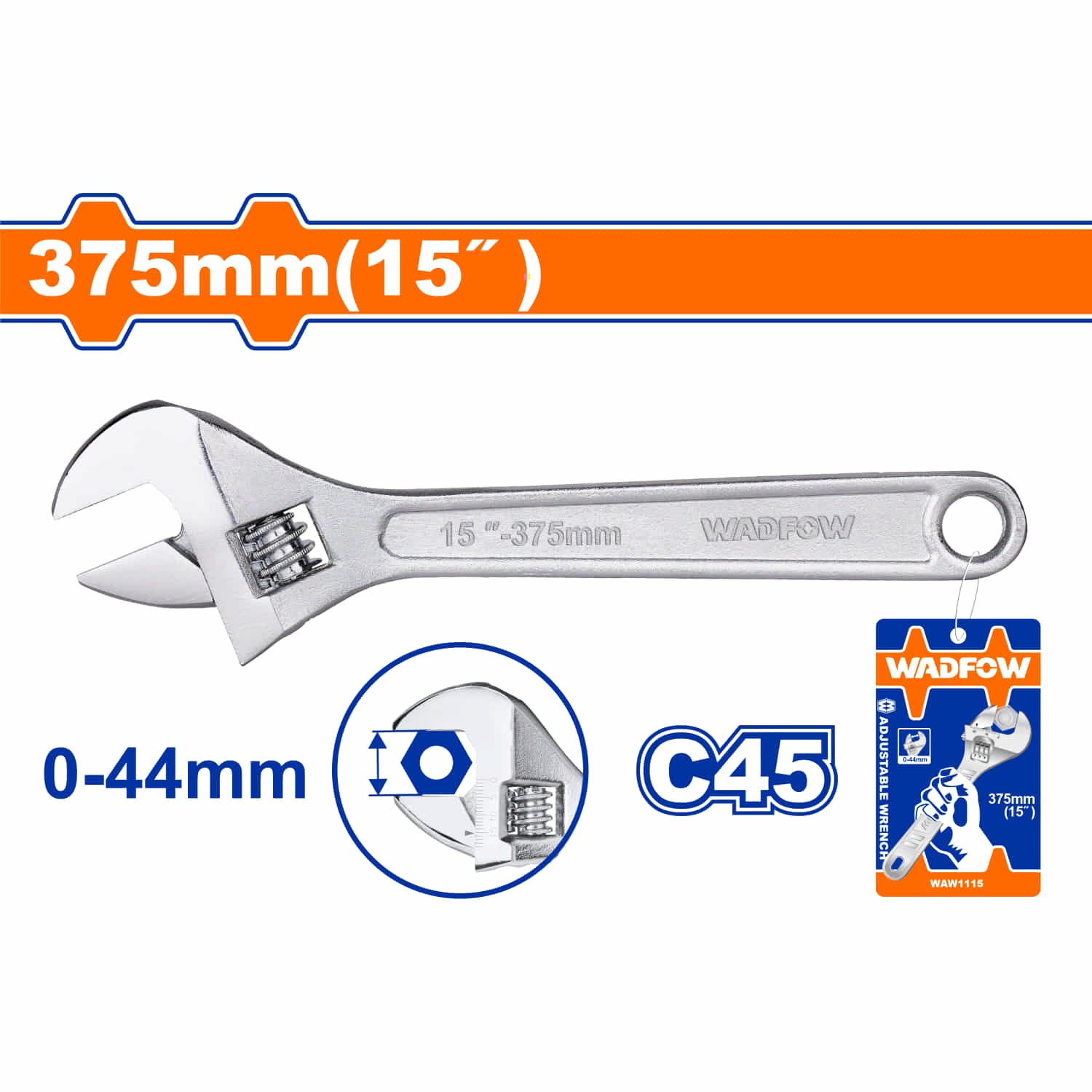 Llave ajustable 15" Ajustable 0-44mm. Tratamiento térmico. Acero al Carbono. Tuerca