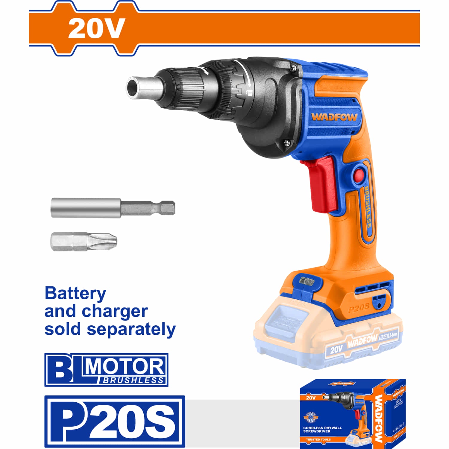 Drill para Drywall destornillador inalámbrico 20V 1/4" para gypsum. Veloc sin carga: 4200 rpm Incluye Punta y Conector. Taladro Batería y cargador por separado.