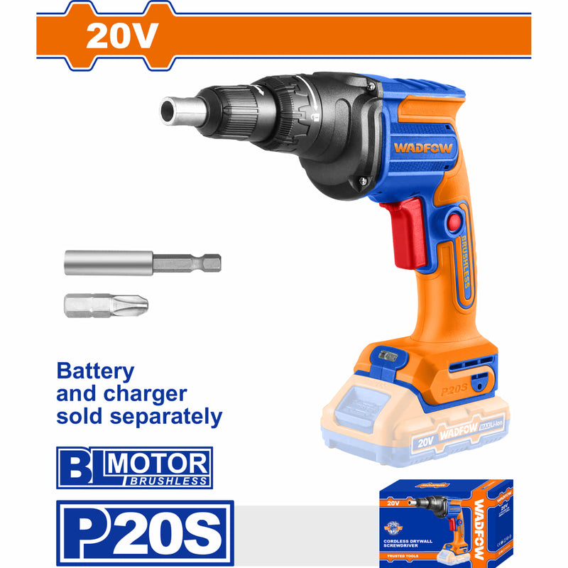 Drill para Drywall destornillador inalámbrico 20V 1/4" para gypsum. Veloc sin carga: 4200 rpm Incluye Punta y Conector. Taladro Batería y cargador por separado.