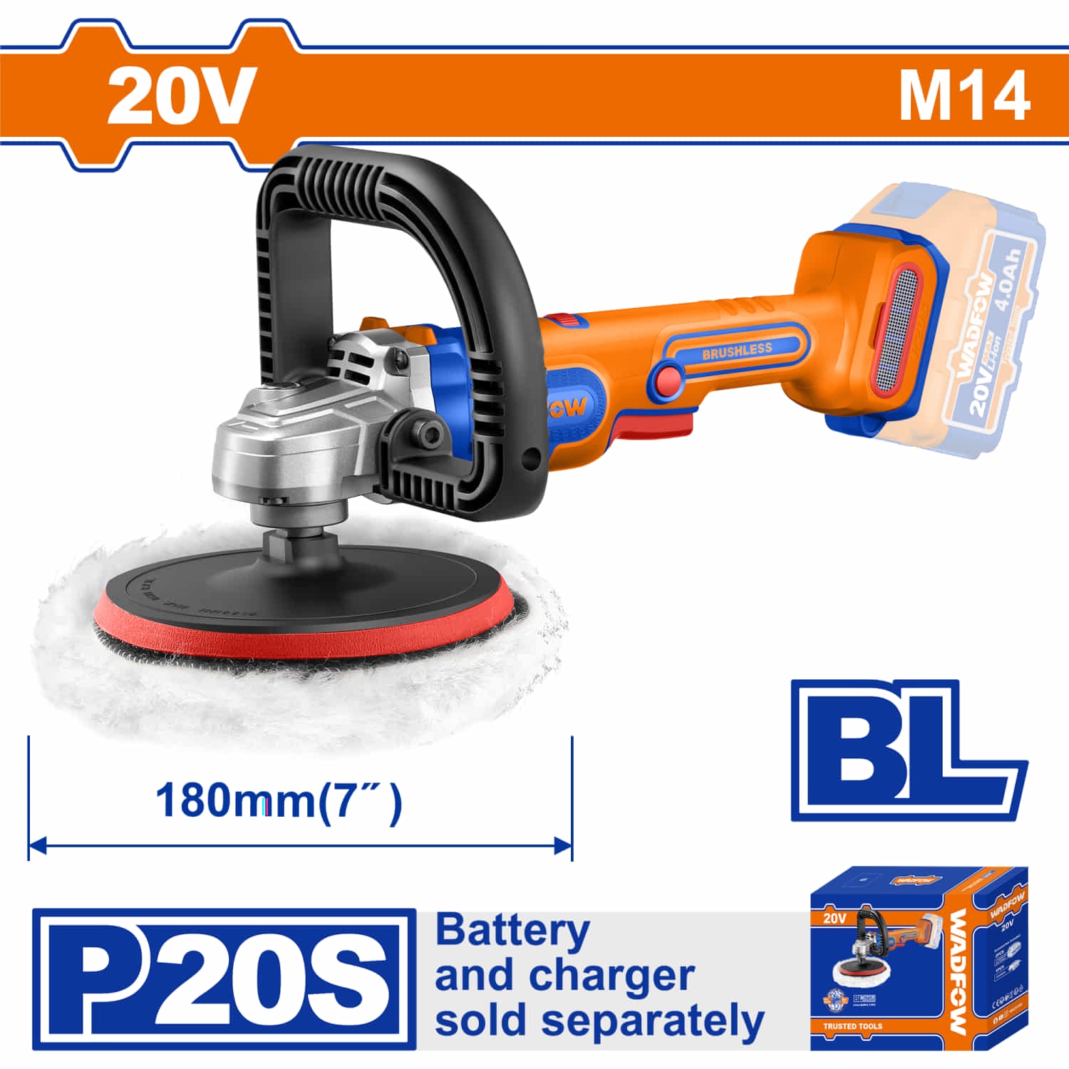 Pulidora Inalámbrica 20V 7" Vel 400-2500rpm Rosca del eje M14 Velocidad variable Incluye accesorios. Batería y cargador por separado.
