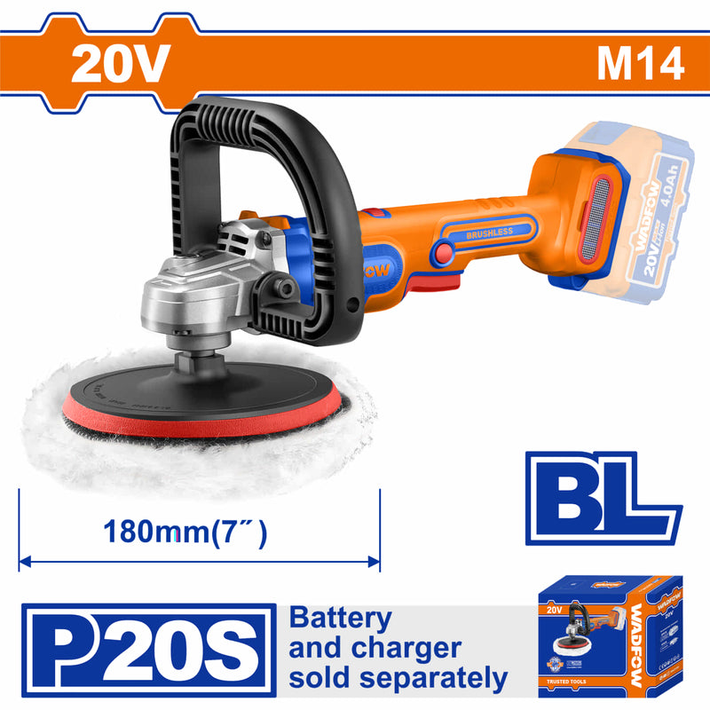 Pulidora Inalámbrica 20V 7" Vel 400-2500rpm Rosca del eje M14 Velocidad variable Incluye accesorios. Batería y cargador por separado.