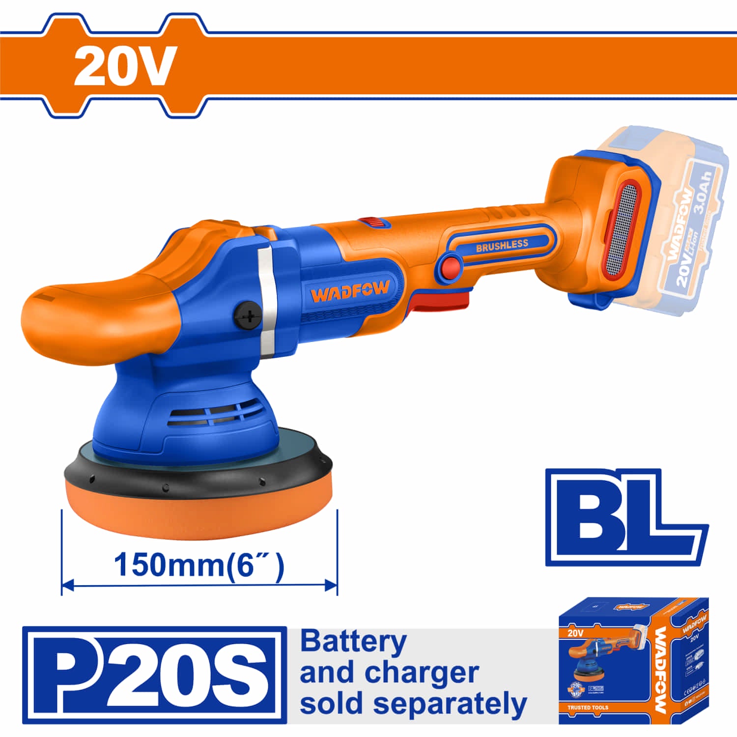 Pulidora Inalámbrica 150 mm 20V Motor sin escobilla 2000-4500rpm Velocidad variable. Batería y cargador por separado.