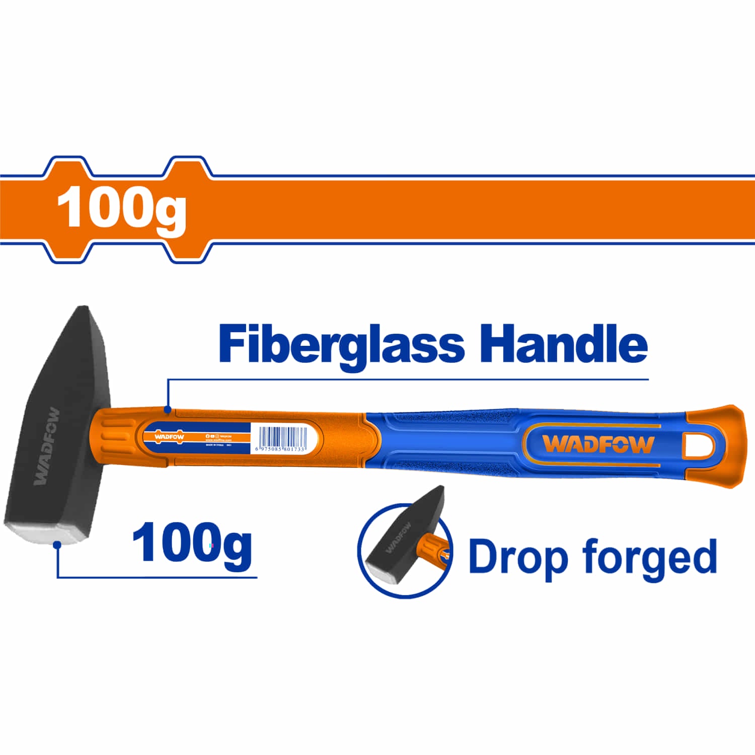 Martillo Forjado 100g. Tratamiento térmico. Acero al carbono #45. Mango Fibra de Vidrio.