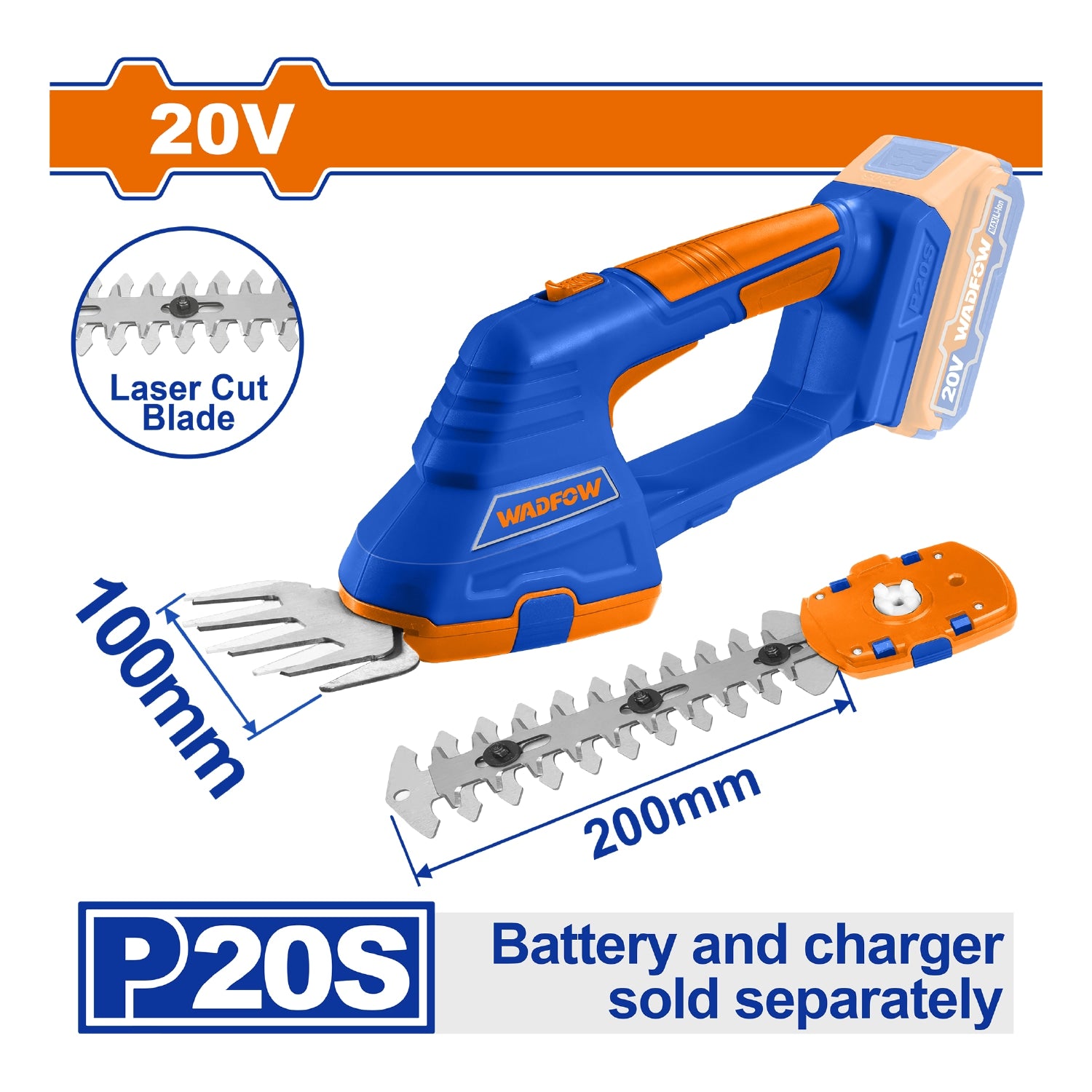 Cortasetos Podadora Inalámbrica de Batería 20V Eléctrica 1200rpm. Batería y cargador por separado.