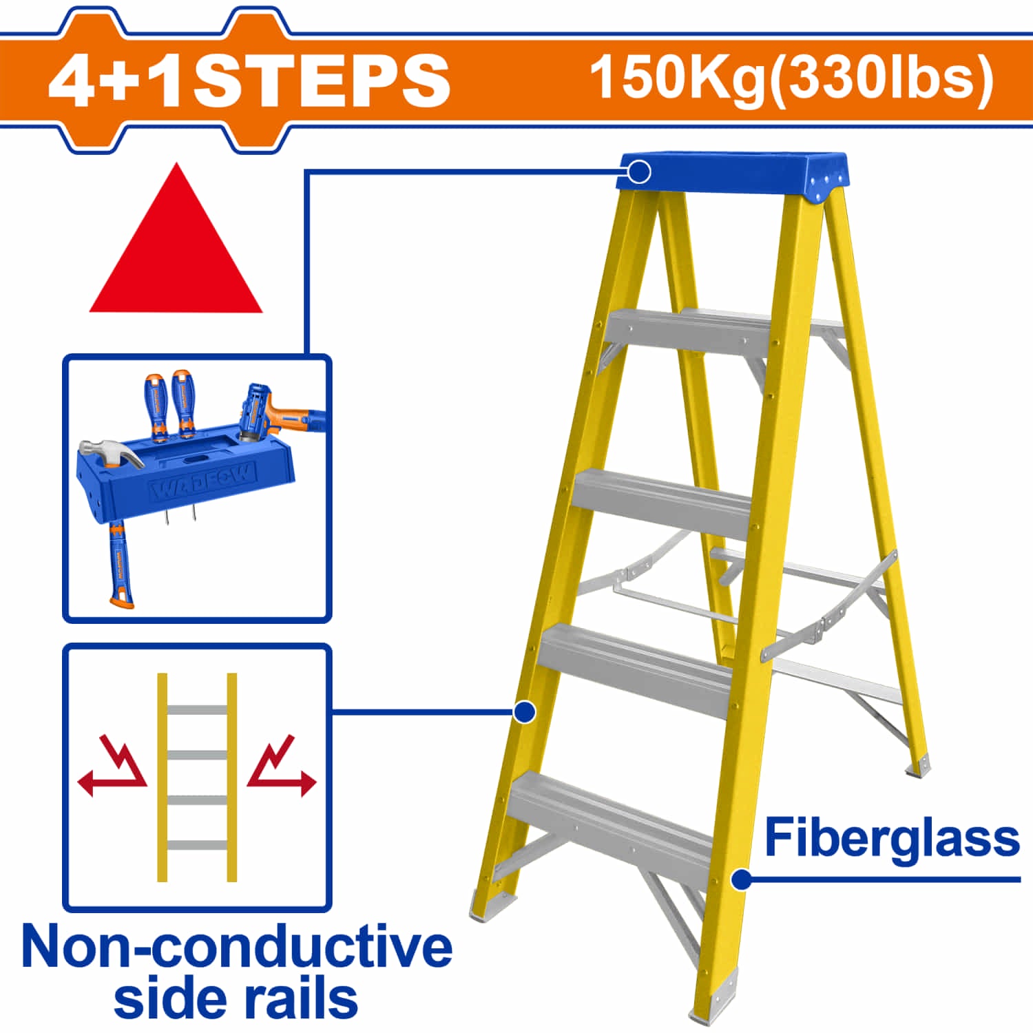 Escalera de fibra de vidrio 5 escalones. Altura de paso: 280mm. Carga máxima: 150Kg. Rieles laterales aislantes. Escalera de tijera