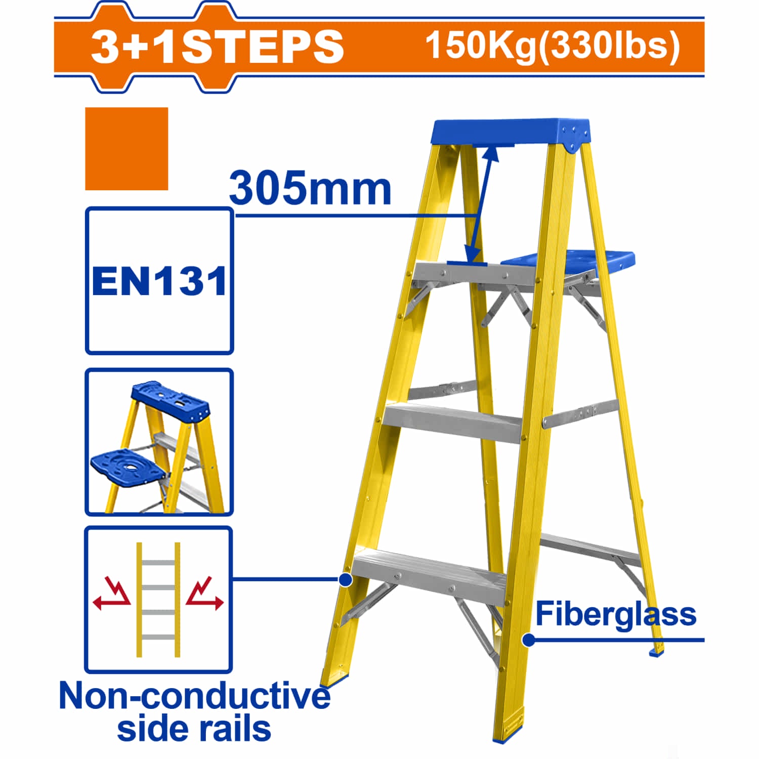 Escalera de fibra de vidrio 4 escalones. Altura de paso: 305mm. Norma EN131 Carga máxima: 150Kg Rieles laterales aislantes. Escalera de tijera