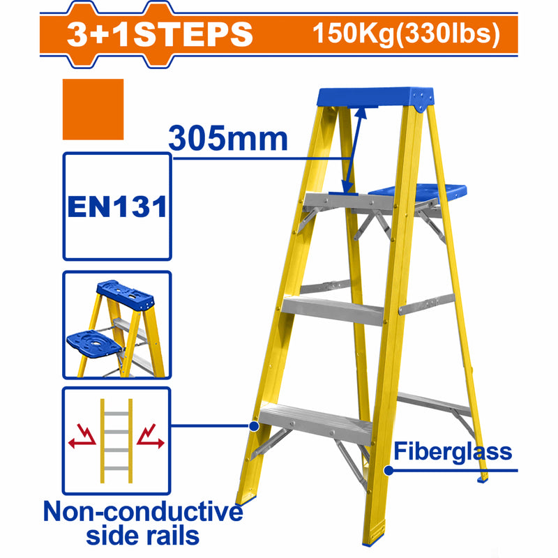 Escalera de fibra de vidrio 4 escalones. Altura de paso: 305mm. Norma EN131 Carga máxima: 150Kg Rieles laterales aislantes. Escalera de tijera