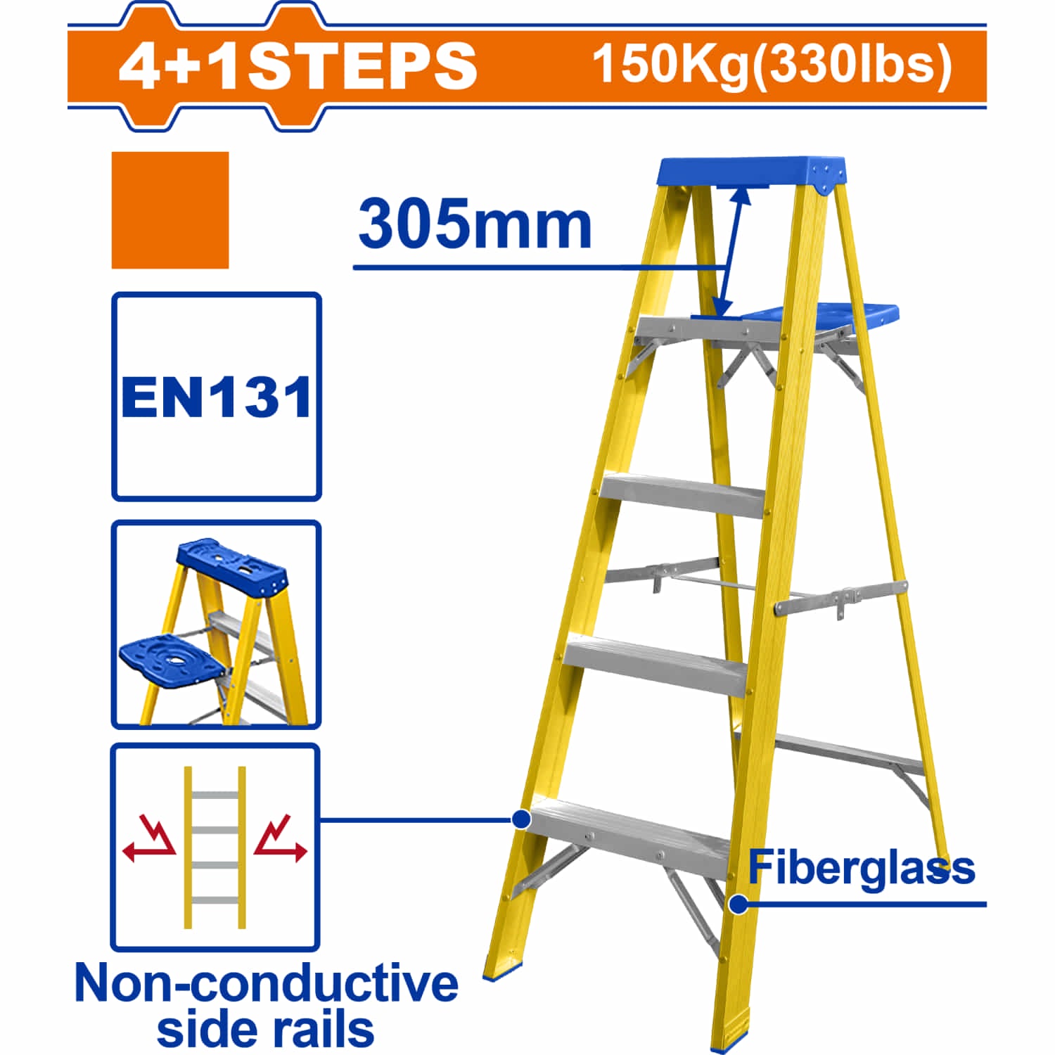 Escalera de fibra de vidrio 5 escalones. Altura de paso: 305mm. Norma EN131 Carga máxima: 150Kg Rieles laterales aislantes. Escalera de tijera