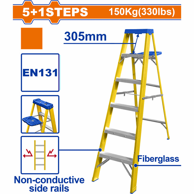 Escalera de fibra de vidrio 6 escalones. Altura de paso: 305mm. Norma EN131 Carga máxima: 150Kg Rieles laterales aislantes. Escalera de tijera