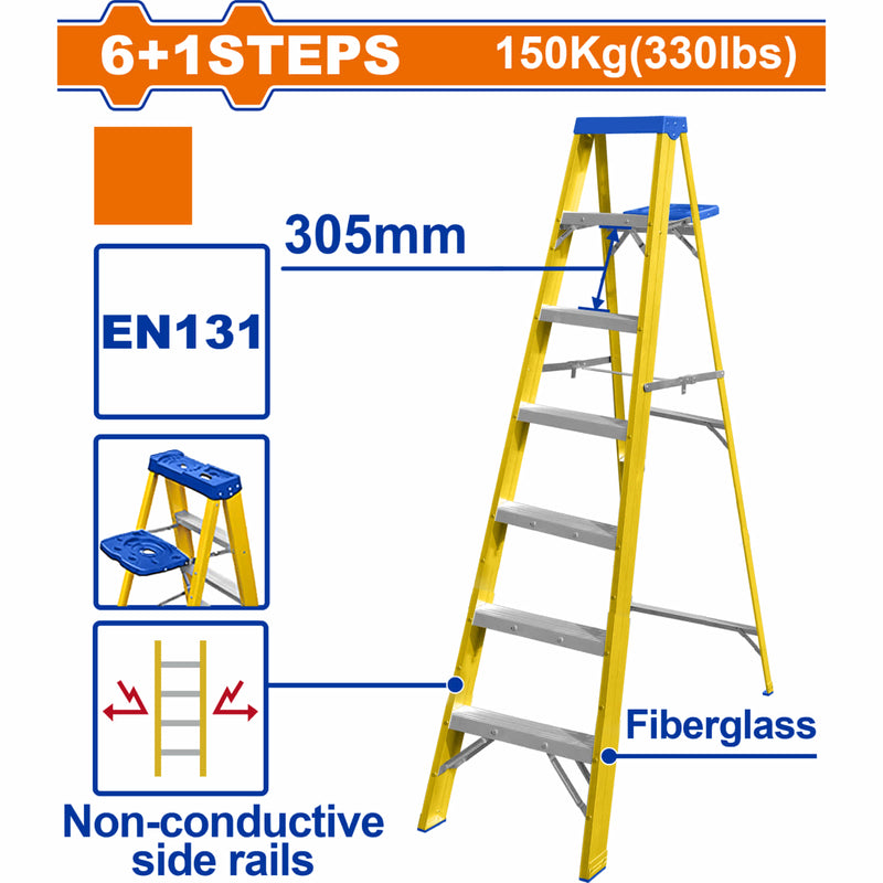 Escalera de fibra de vidrio 7 escalones. Altura de paso: 305mm. Norma EN131 Carga máxima: 150Kg Rieles laterales aislantes. Escalera de tijera