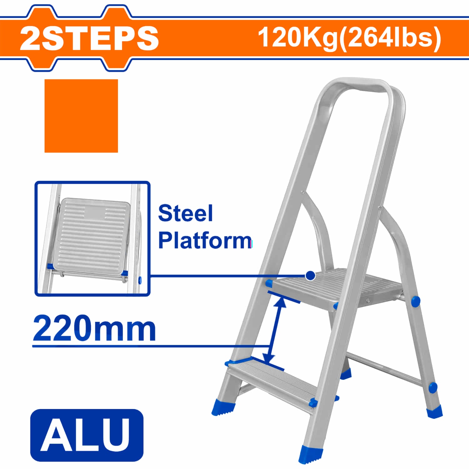 Escalera de Tijera de Aluminio 2 peldaños. Distancia entre peldaños 220mm Resistencia 120kg Alta calidad y durabilidad. Plataforma de Acero.