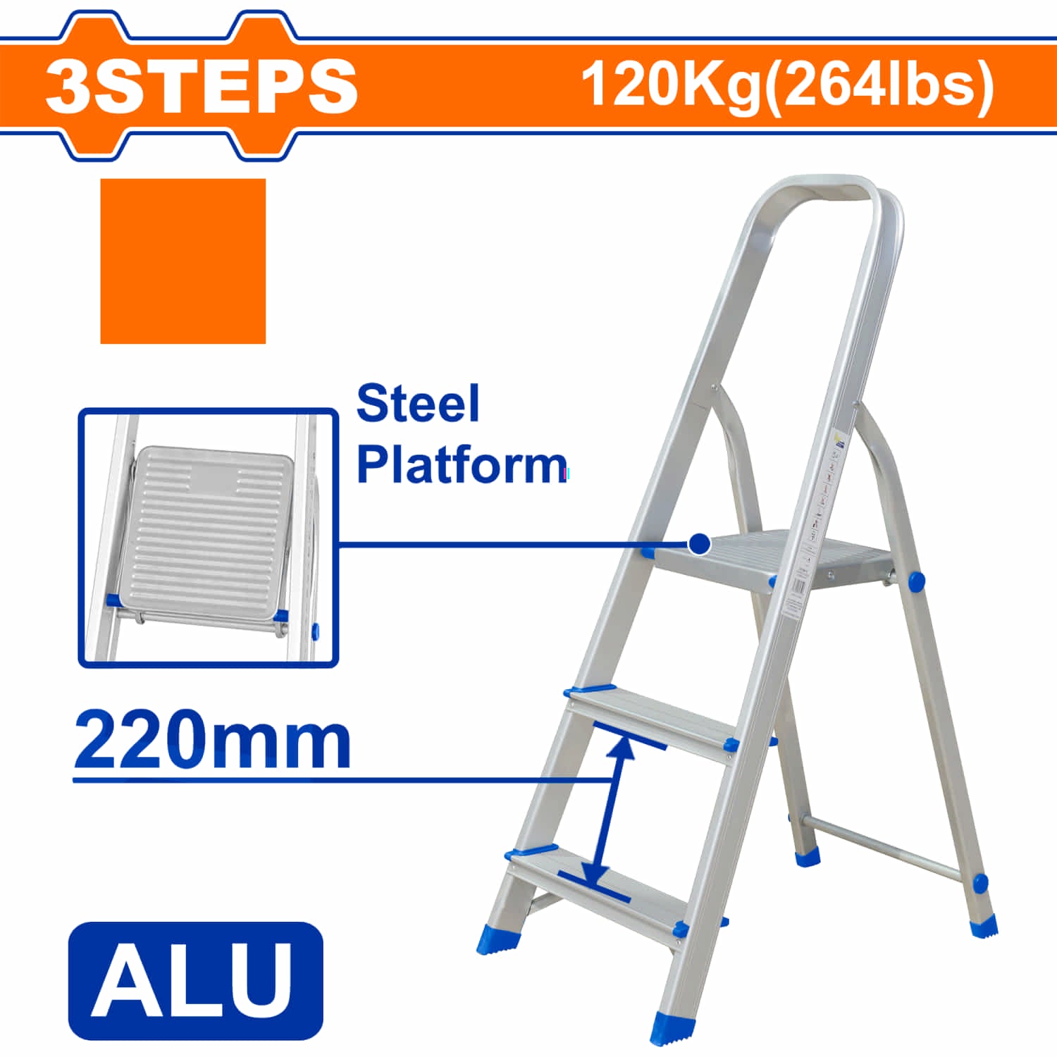 Escalera de Tijera de Aluminio 3 peldaños. Distancia entre peldaños 220mm Resistencia 120kg Alta calidad y durabilidad. Plataforma de Acero.