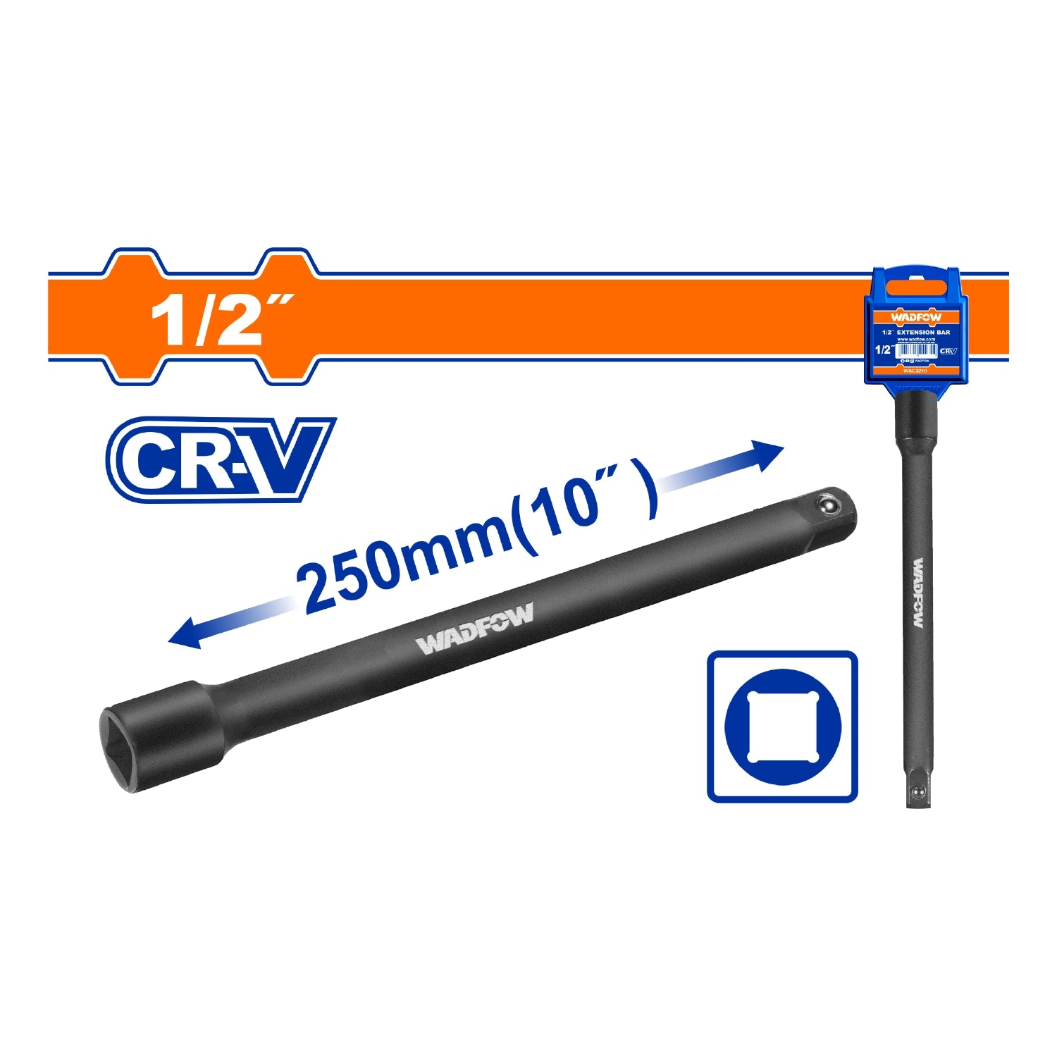 Barra de extensión de impacto de 1/2" Longitud 10" Material: Cr-V Tratamiento térmico. Cromado.