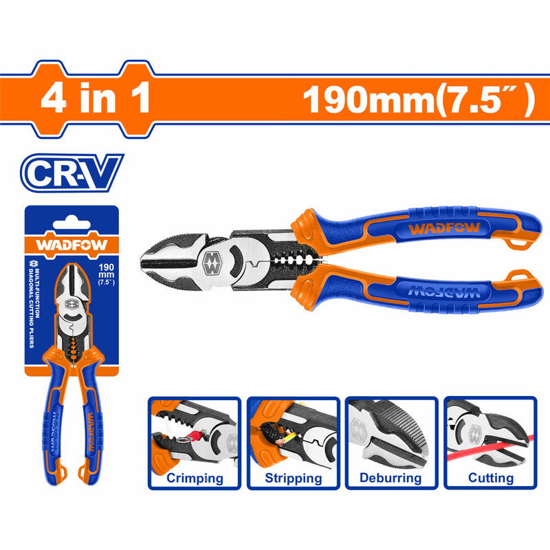 Alicate Multifunción de punta diagonal 4 en 1. 7.5" Cr-V Acabado negro y pulido. Mango cómodo. Corte recto