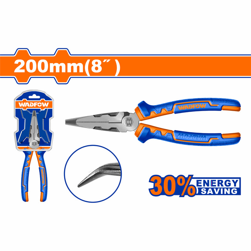 Alicate de punta doblada con alta aplancamiento 8" Cr-V Ahorro energía 30% Acabado negro y pulido. Mango cómodo.