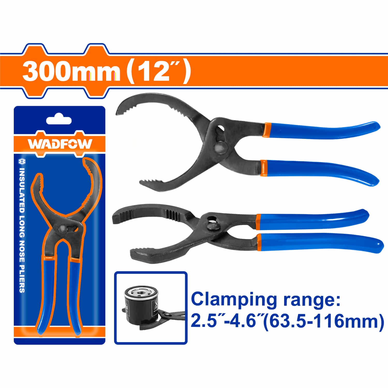 Alicate de Filtro de Aceite 12". Acero Al Carbono. Apertura 63.5-116mm. Pinza. Acabado Negro. Mango de plástico.