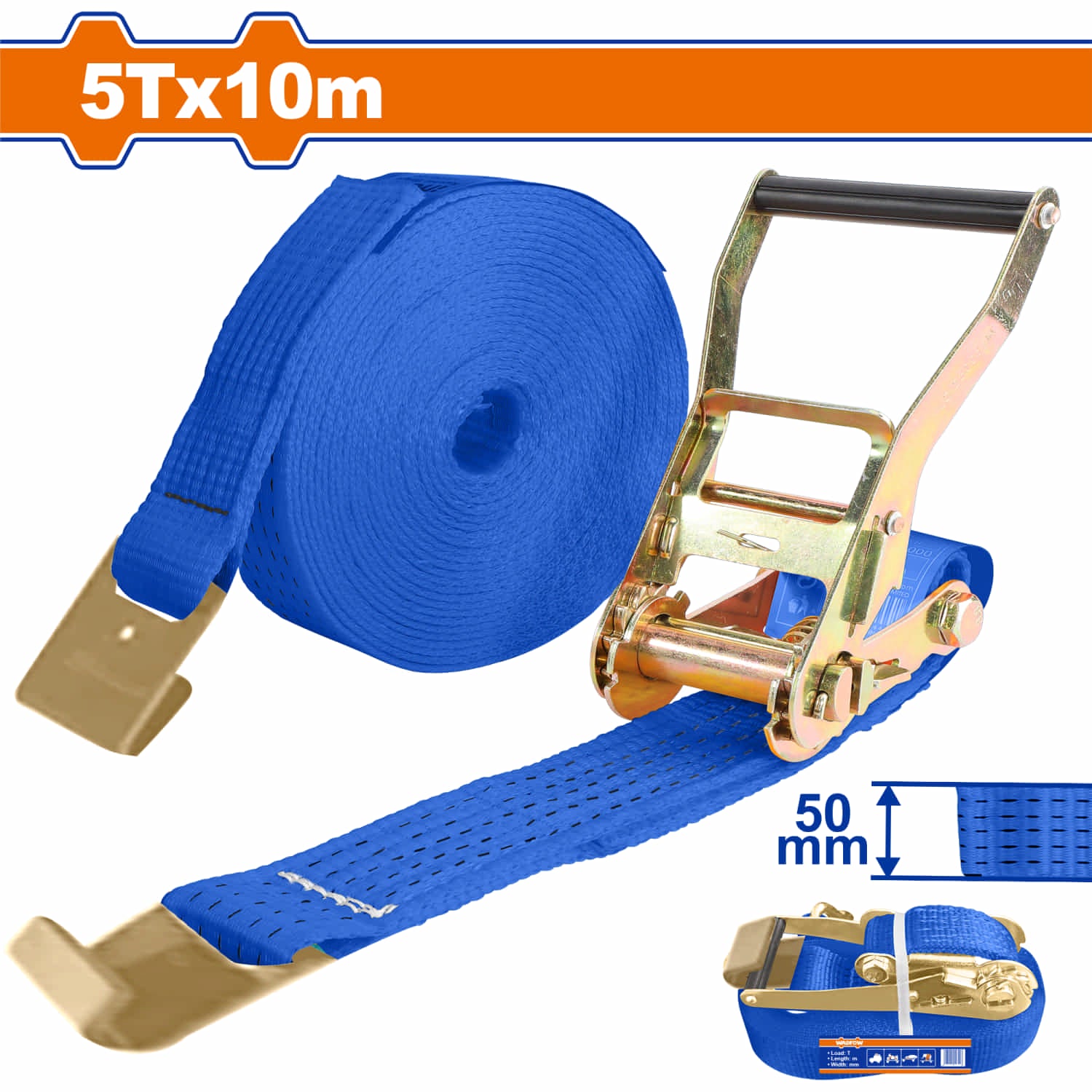 Correa Sujetadora eslinga con matraca 5Tx10m. Ancho 50mm Incluye trinquete y gancho de placa.