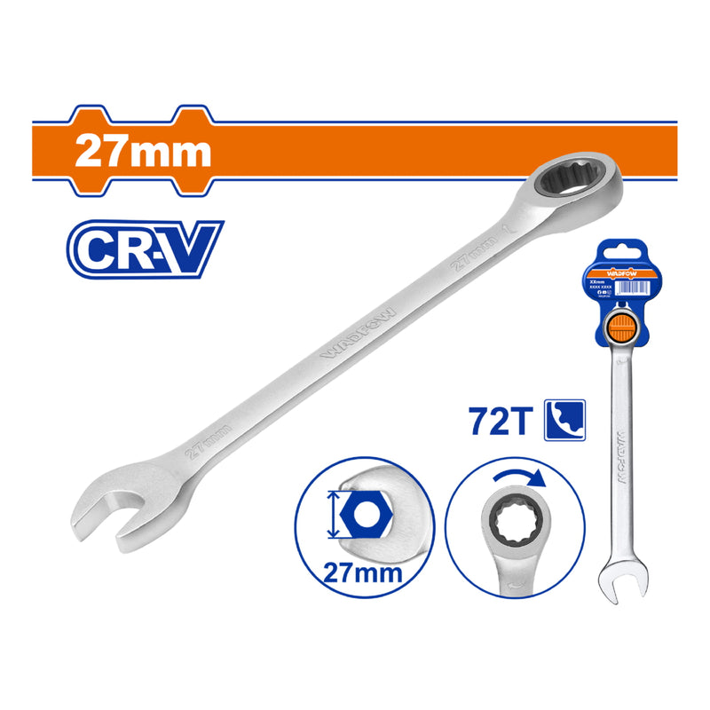 Llave Combinada Ratchet 27mm 72 Dientes Cr-V 359mm Forjada Tratada Térmicamente