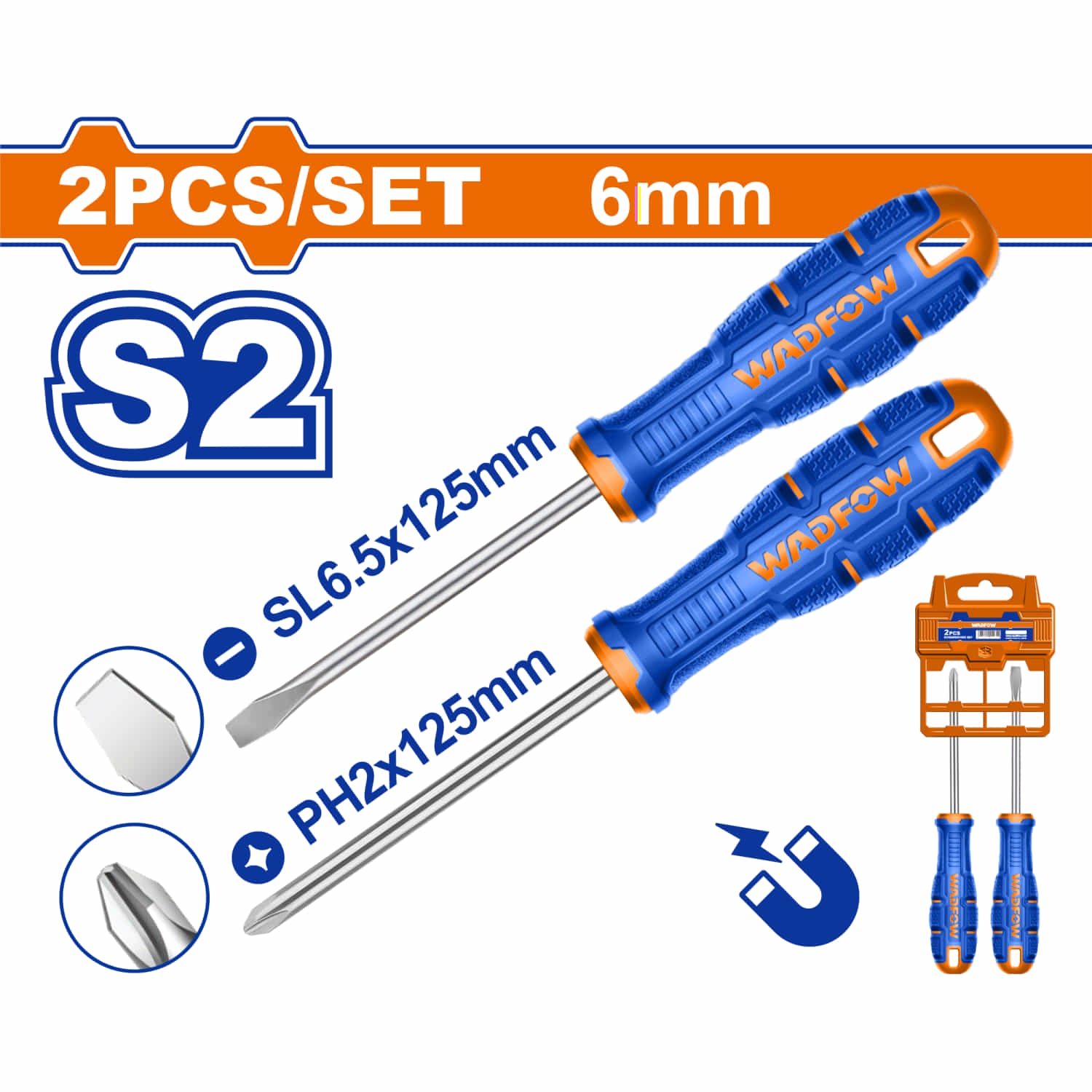 Destornilladores SL6.5x6x125mm y PH2x6x125mm Mango ergonómico. Punta Magnética. Set 2 piezas.