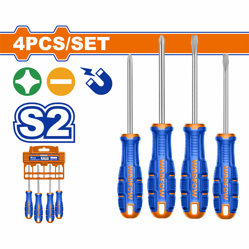 Destornilladores Punta Plana (SL5.5 SL6.5) y Punta Estrella (PH1 PH2) Mango ergonómico. Magnético. Set 4 piezas.