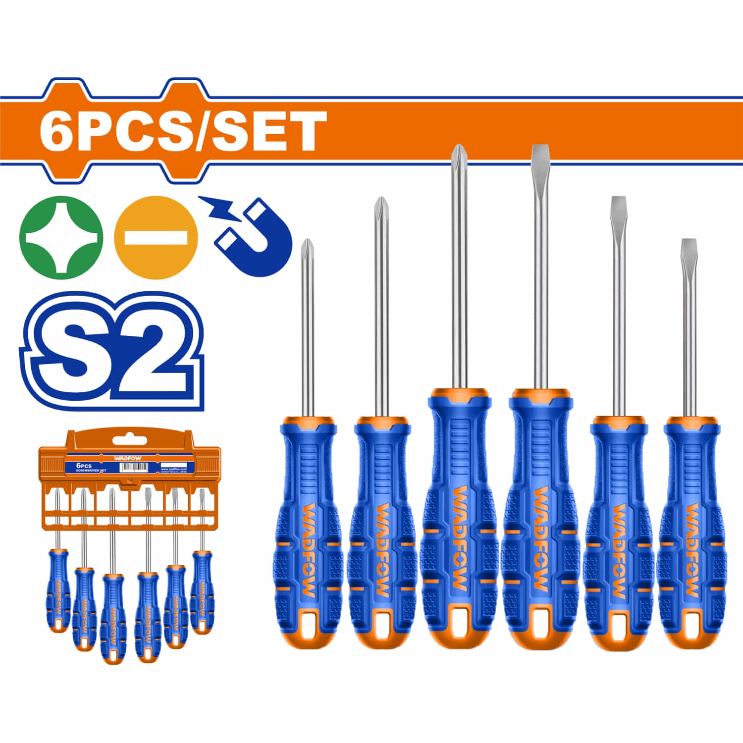 Destornilladores Punta Plana (SL5.5 SL6.5) y Punta Estrella (PH1 PH2) Mango ergonómico. Magnético. Set 6 piezas.