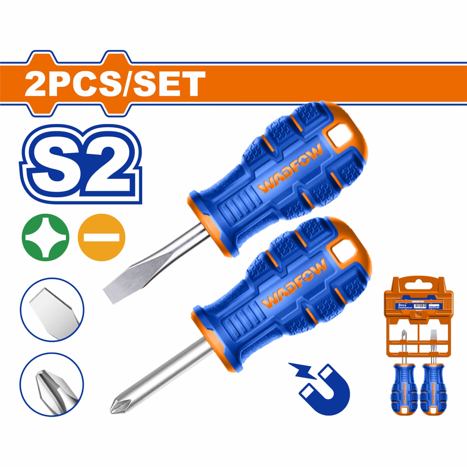 Destornilladores cortos SL6.5x6x38mm y PH2x6x38mm Mango ergonómico. Punta Magnética. Vástago redondo. Set de 2 piezas.