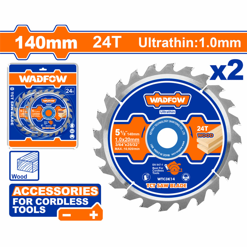 Discos 5-1/2" Sierra Ultra Fina 1.0mm 140mm 24T Ideal para corte en Madera. Uso en Sierras Circulares Inalámbricas. Set 2 piezas.