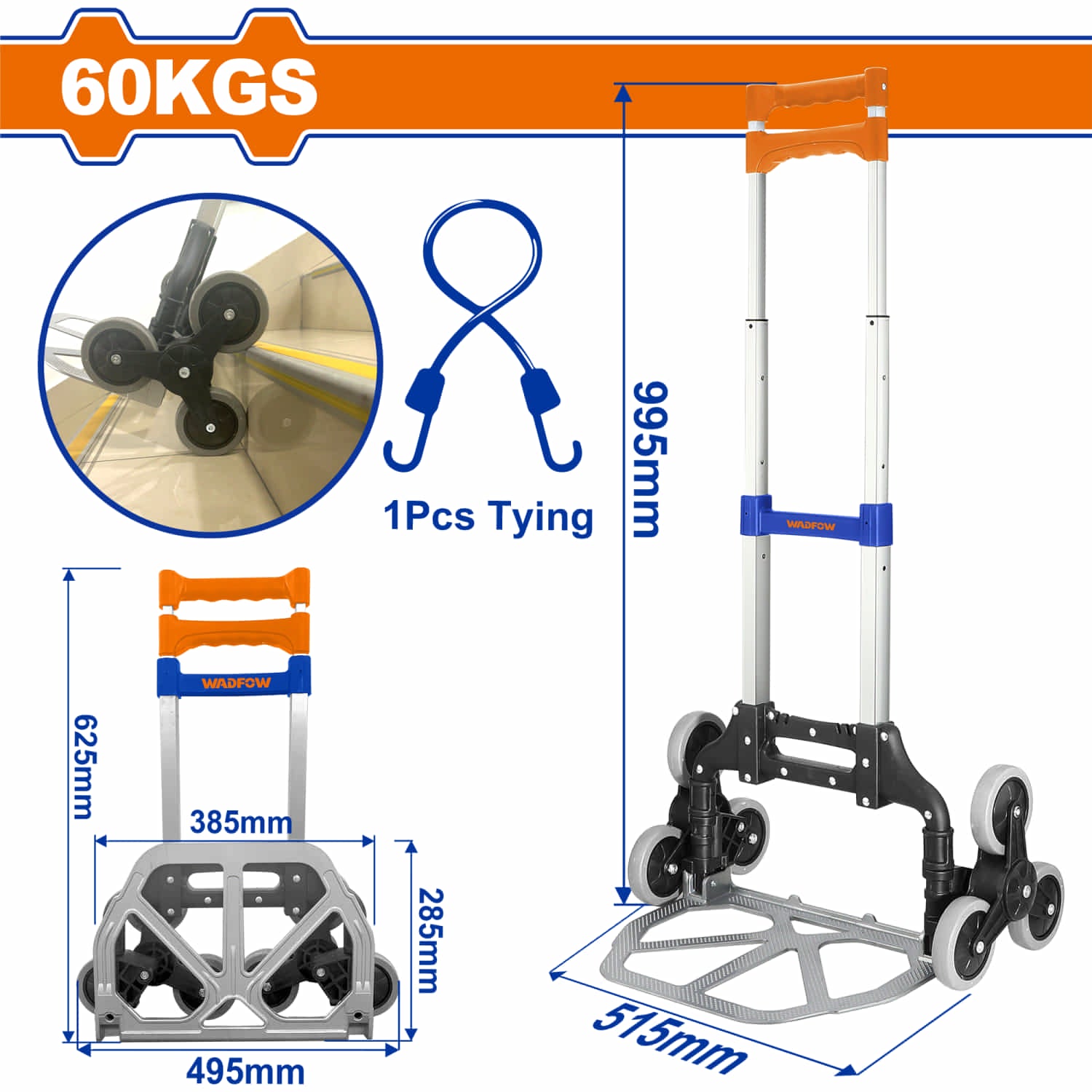 Carretilla de Carga Plegable 60 Kgs. Diseño 3 ruedas. Ideal para escalones. Extendido: 420x515x995mm. Plegado: 495x115x625mm Incluye cuerda elástica. Trolley con ruedas plegable.