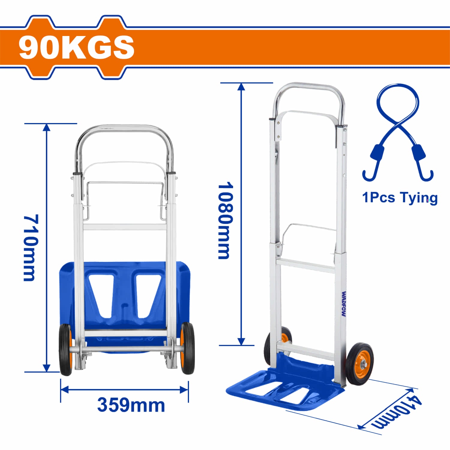 Carretilla plegable 90kg Tamaño extendido: 395x410x1080mm Tamaño plegado: 359x190x710mm Incluye cuerda elástica. Agarre suave. Trolley con ruedas plegable.