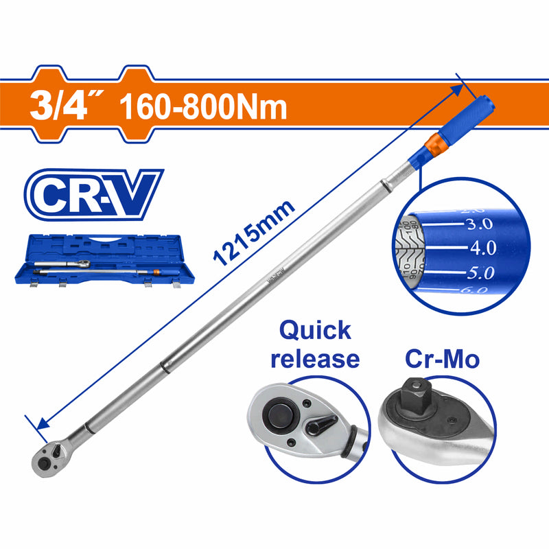 Torquímetro extensible 3/4" 160-800Nm. Cr-V. Liberación rápida. Cr-Mo. Long: 1215mm. Tolerancia de torque: ±4% Tratamiento térmico. Cromado.