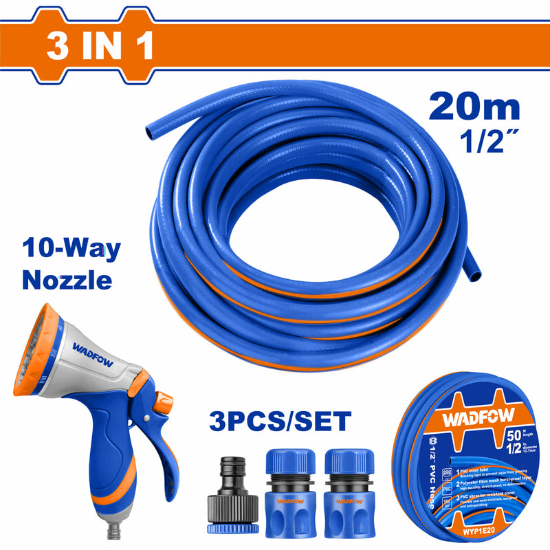 Manguera 1/2&quot; de PVC 65 pies (20mts) con Conectores y Boquilla Metálica de 10 Patrones de Rociado, Adaptador Grifo y Tope de Agua. Set de 5 piezas.
