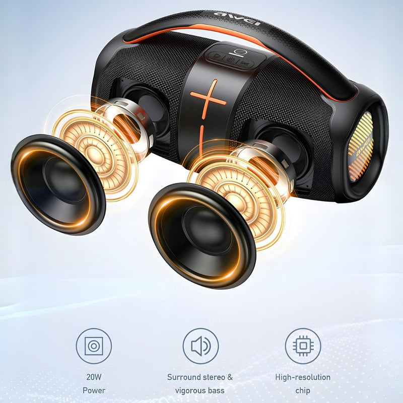 Bocina Bluetooth 5.3 Portátil de 20W RMS. Speaker Parlante Inalámbrico Doble Canal TWS. Altavoz Recargable con Batería de 3600mAh y Asa de Transporte.