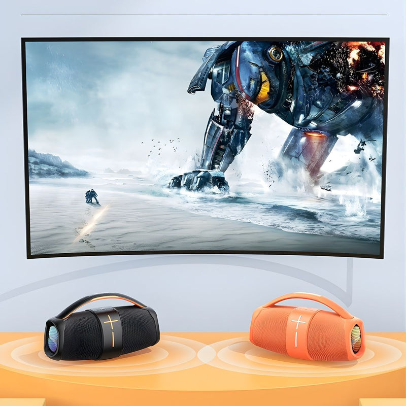 Bocina Bluetooth 5.3 Portátil de 20W RMS. Speaker Parlante Inalámbrico Doble Canal TWS. Altavoz Recargable con Batería de 3600mAh y Asa de Transporte.
