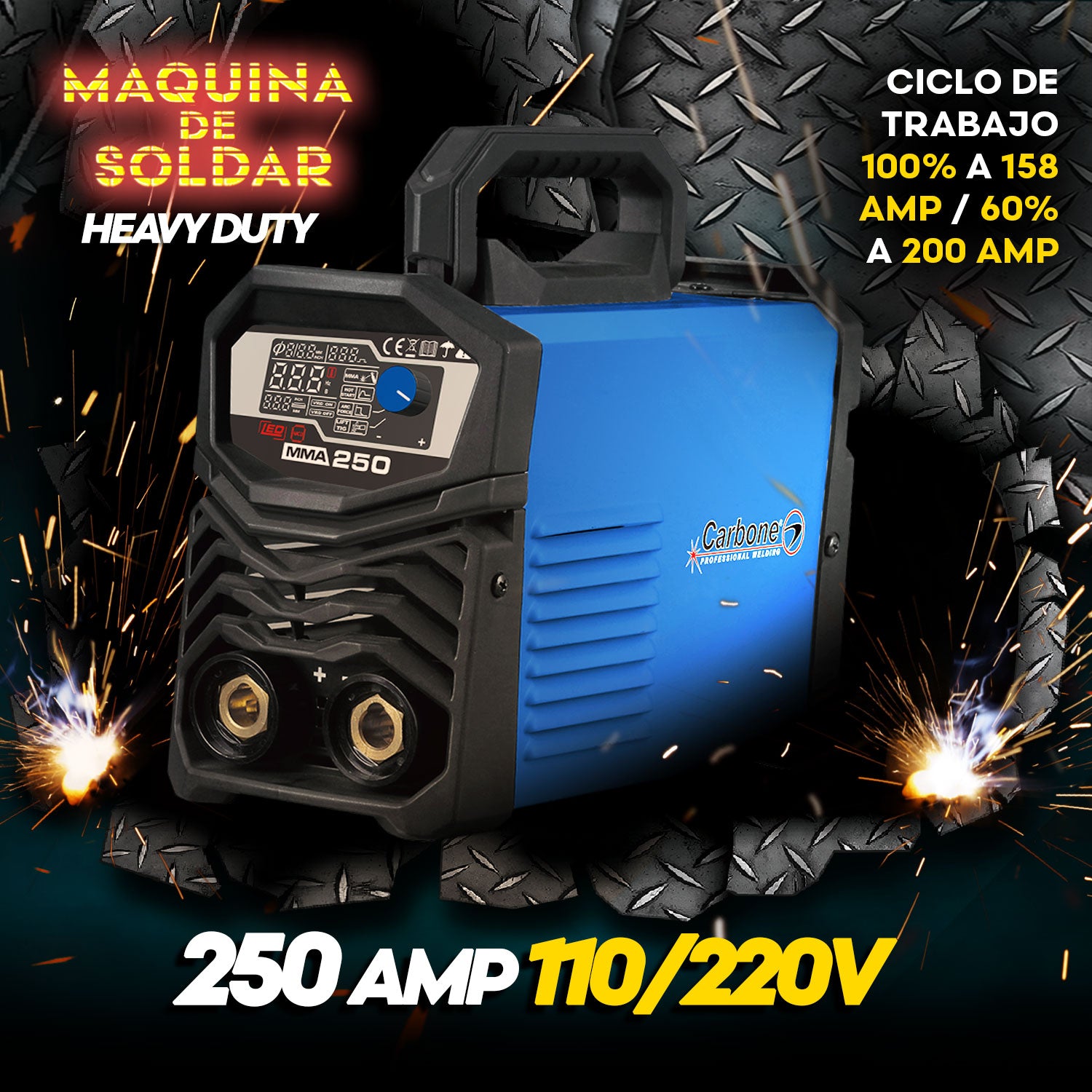 Maquina de soldar 250 Amperios 110/220V Ciclo de trabajo 100% a 158 amp / 60% a 200 amp Heavy dutty.